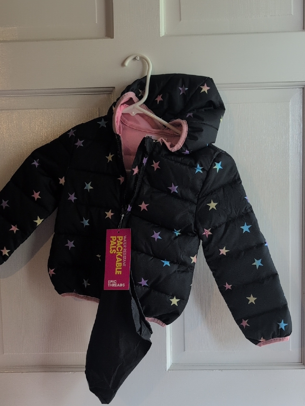 Epic Threads Black Star Puffer Jacket with Pink Lining